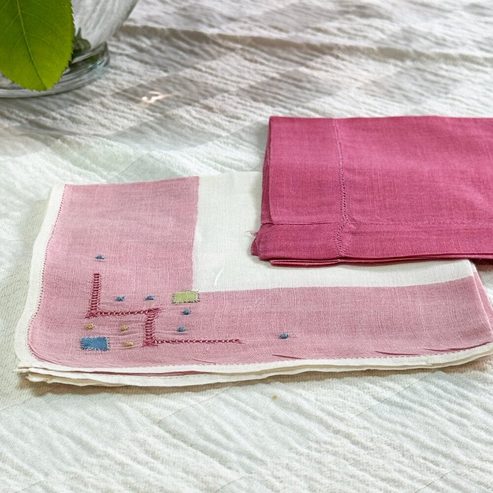 Set of 2 Handkerchiefs Geometric Hemstitch Pink Border Applique Cotton Handmade